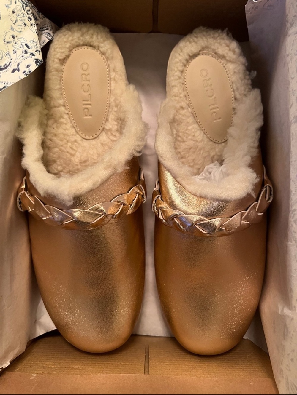 Pilcro Metallic Gold Shearling-Lined Slip-On Mules